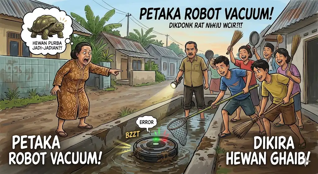 Petaka 'Robot Vacuum' Keluar Kompleks: Dikira Hewan Purba Jadi-Jadian, Satu RT Heboh Kepung Penyedot Debu Otomatis di Got Warga