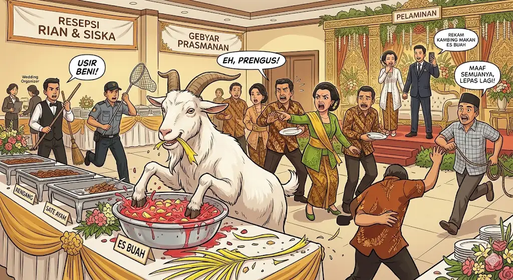 Tragedi 'Kambing Kondangan': Niat Hati Cari Makan Siang, Seekor Kambing Bandot Sukses Bubarkan Antrean Prasmanan Pengantin